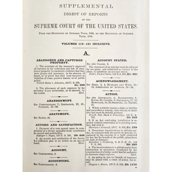1889 Supplement Indexed Digest Supreme Court Reports 1st Edition Law Cases SHBS1 - Picture 4 of 5